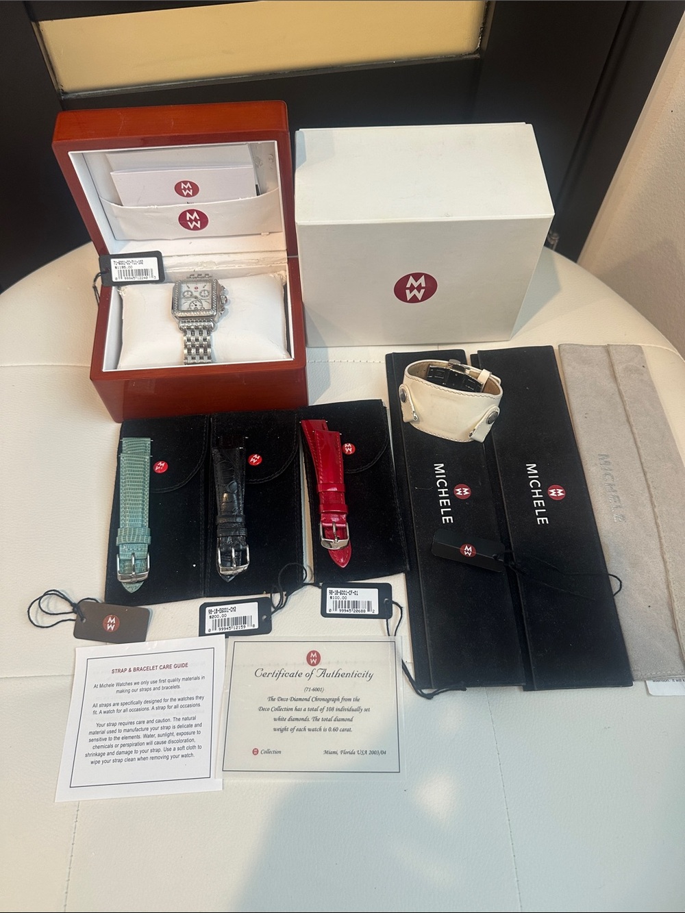 Michele diamond and Stainless Steel Watch with Blue , Black, Red & White Straps